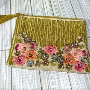 Anthropologie Gold and Pink Floral Beaded Clutch